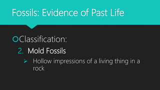 Fossils: Evidence of Past Life
Classification:
2. Mold Fossils
 Hollow impressions of a living thing in a
rock
 