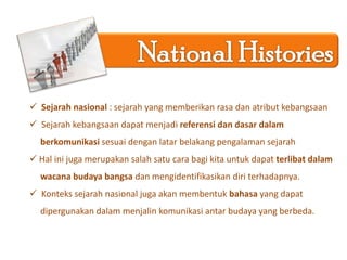 Sejarahsosial : sejarah yang berkenaandengankeseharianhidupdanpengalaman yang dialamiolehkelompok-kelompokdimasalampau.Family HistoriesSejarahkeluarga: sejarah yang ditransfersecaralisandanturuntemurunantargenerasi