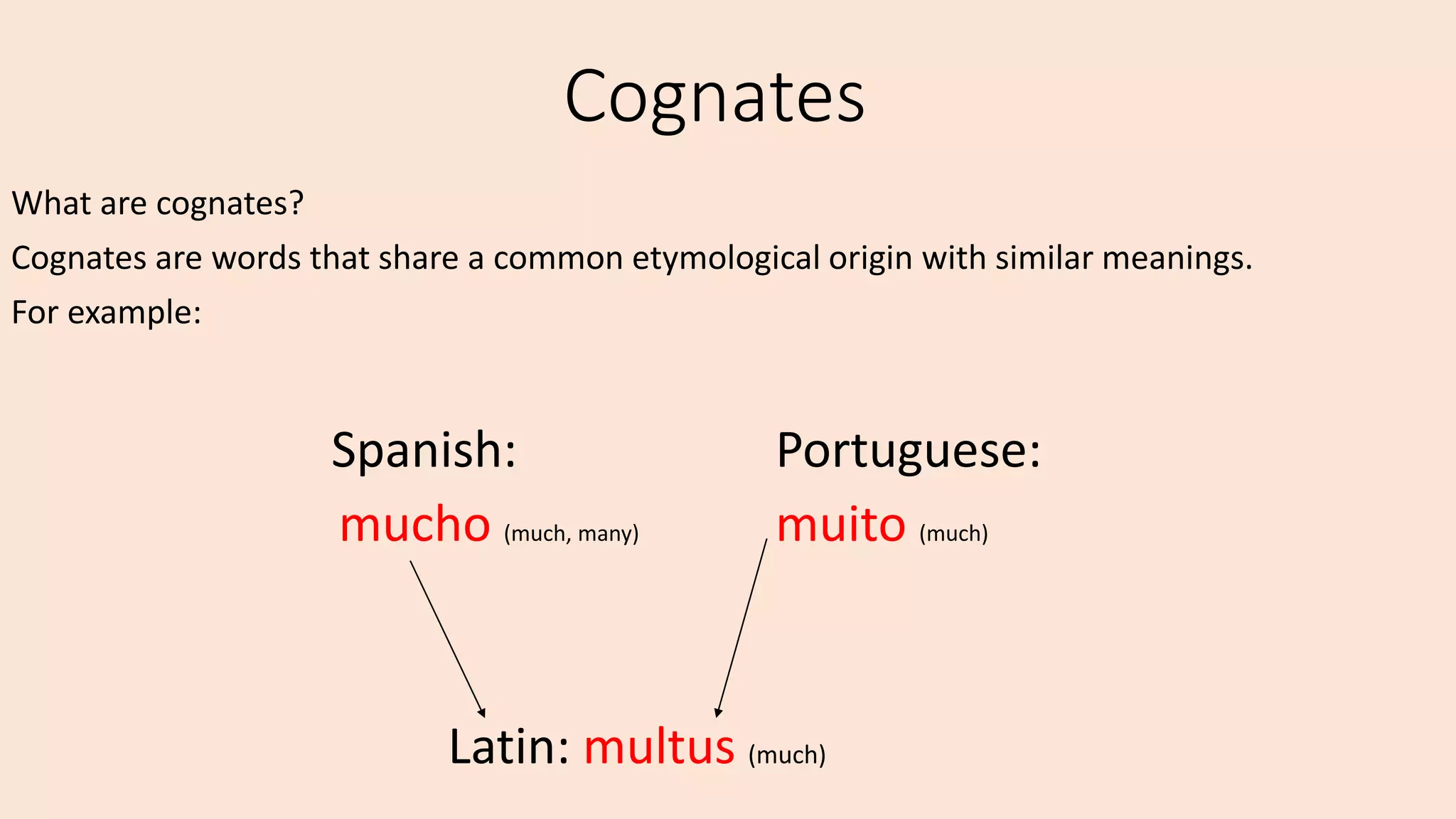 Cognates
What are cognates?
Cognates are words that share a common etymological origin with similar meanings.
For example:
Spanish: Portuguese:
mucho (much, many) muito (much)
Latin: multus (much)
 