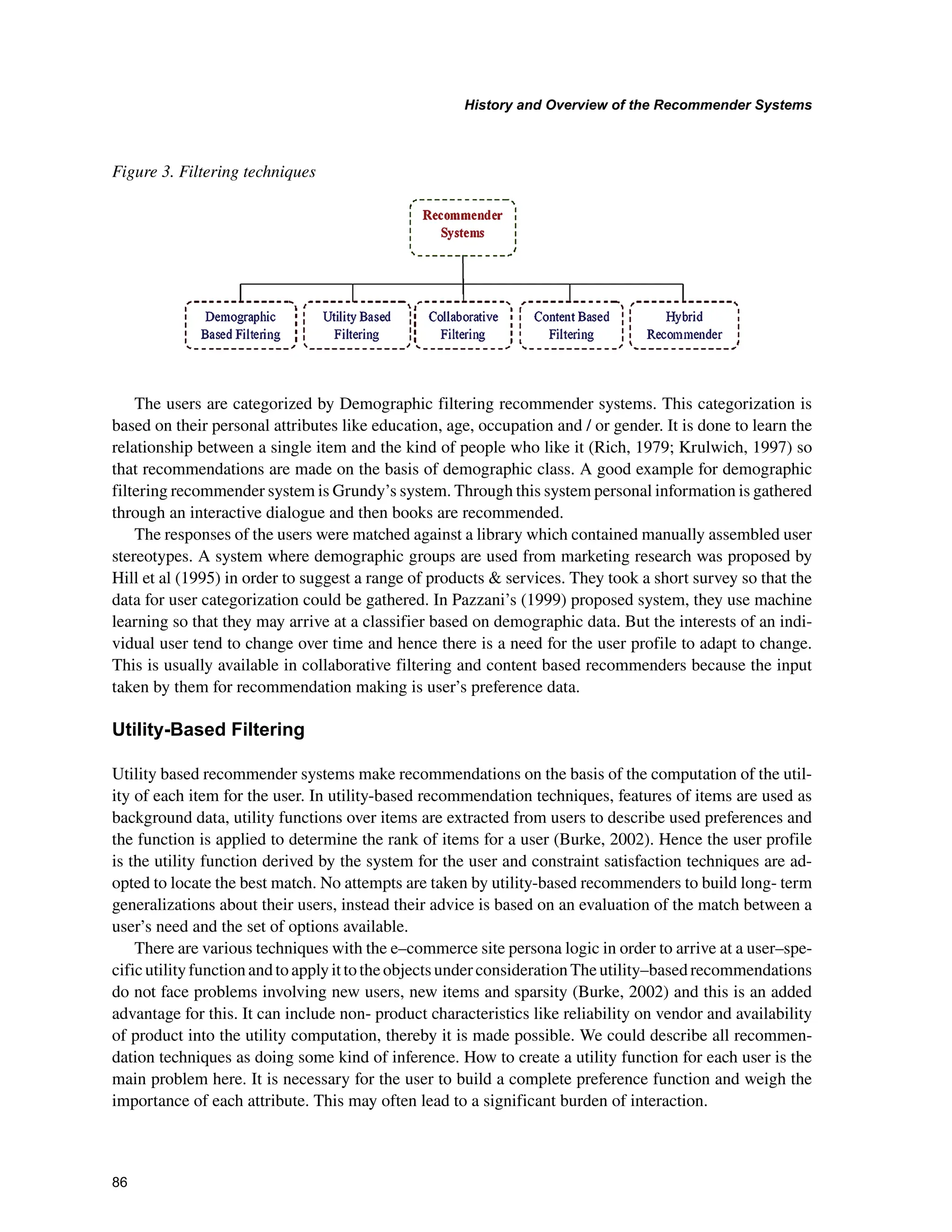 +LVWRUDQG2YHUYLHZRIWKH5HFRPPHQGHU6VWHPV

The users are categorized by Demographic filtering recommender systems. This categorization is
based on their personal attributes like education, age, occupation and / or gender. It is done to learn the
relationship between a single item and the kind of people who like it (Rich, 1979; Krulwich, 1997) so
that recommendations are made on the basis of demographic class. A good example for demographic
filtering recommender system is Grundy’s system. Through this system personal information is gathered
through an interactive dialogue and then books are recommended.
The responses of the users were matched against a library which contained manually assembled user
stereotypes. A system where demographic groups are used from marketing research was proposed by
Hill et al (1995) in order to suggest a range of products  services. They took a short survey so that the
data for user categorization could be gathered. In Pazzani’s (1999) proposed system, they use machine
learning so that they may arrive at a classifier based on demographic data. But the interests of an indi-
vidual user tend to change over time and hence there is a need for the user profile to adapt to change.
This is usually available in collaborative filtering and content based recommenders because the input
taken by them for recommendation making is user’s preference data.
8WLOLW%DVHG)LOWHULQJ
Utility based recommender systems make recommendations on the basis of the computation of the util-
ity of each item for the user. In utility-based recommendation techniques, features of items are used as
background data, utility functions over items are extracted from users to describe used preferences and
the function is applied to determine the rank of items for a user (Burke, 2002). Hence the user profile
is the utility function derived by the system for the user and constraint satisfaction techniques are ad-
opted to locate the best match. No attempts are taken by utility-based recommenders to build long- term
generalizations about their users, instead their advice is based on an evaluation of the match between a
user’s need and the set of options available.
There are various techniques with the e–commerce site persona logic in order to arrive at a user–spe-
cificutilityfunctionandtoapplyittotheobjectsunderconsiderationTheutility–basedrecommendations
do not face problems involving new users, new items and sparsity (Burke, 2002) and this is an added
advantage for this. It can include non- product characteristics like reliability on vendor and availability
of product into the utility computation, thereby it is made possible. We could describe all recommen-
dation techniques as doing some kind of inference. How to create a utility function for each user is the
main problem here. It is necessary for the user to build a complete preference function and weigh the
importance of each attribute. This may often lead to a significant burden of interaction.
Figure 3. Filtering techniques
 