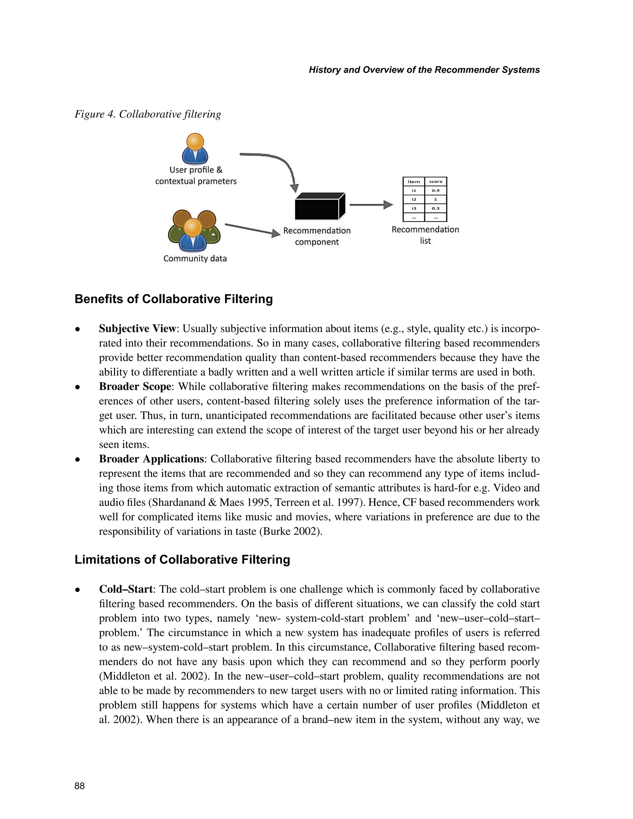 +LVWRUDQG2YHUYLHZRIWKH5HFRPPHQGHU6VWHPV

%HQHILWVRIROODERUDWLYH)LOWHULQJ
• Subjective View: Usually subjective information about items (e.g., style, quality etc.) is incorpo-
rated into their recommendations. So in many cases, collaborative ﬁltering based recommenders
provide better recommendation quality than content-based recommenders because they have the
ability to diﬀerentiate a badly written and a well written article if similar terms are used in both.
• Broader Scope: While collaborative ﬁltering makes recommendations on the basis of the pref-
erences of other users, content-based ﬁltering solely uses the preference information of the tar-
get user. Thus, in turn, unanticipated recommendations are facilitated because other user’s items
which are interesting can extend the scope of interest of the target user beyond his or her already
seen items.
• Broader Applications: Collaborative ﬁltering based recommenders have the absolute liberty to
represent the items that are recommended and so they can recommend any type of items includ-
ing those items from which automatic extraction of semantic attributes is hard-for e.g. Video and
audio ﬁles (Shardanand  Maes 1995, Terreen et al. 1997). Hence, CF based recommenders work
well for complicated items like music and movies, where variations in preference are due to the
responsibility of variations in taste (Burke 2002).
/LPLWDWLRQVRIROODERUDWLYH)LOWHULQJ
• Cold–Start: The cold–start problem is one challenge which is commonly faced by collaborative
ﬁltering based recommenders. On the basis of diﬀerent situations, we can classify the cold start
problem into two types, namely ‘new- system-cold-start problem’ and ‘new–user–cold–start–
problem.’ The circumstance in which a new system has inadequate proﬁles of users is referred
to as new–system-cold–start problem. In this circumstance, Collaborative ﬁltering based recom-
menders do not have any basis upon which they can recommend and so they perform poorly
(Middleton et al. 2002). In the new–user–cold–start problem, quality recommendations are not
able to be made by recommenders to new target users with no or limited rating information. This
problem still happens for systems which have a certain number of user proﬁles (Middleton et
al. 2002). When there is an appearance of a brand–new item in the system, without any way, we
Figure 4. Collaborative filtering
 