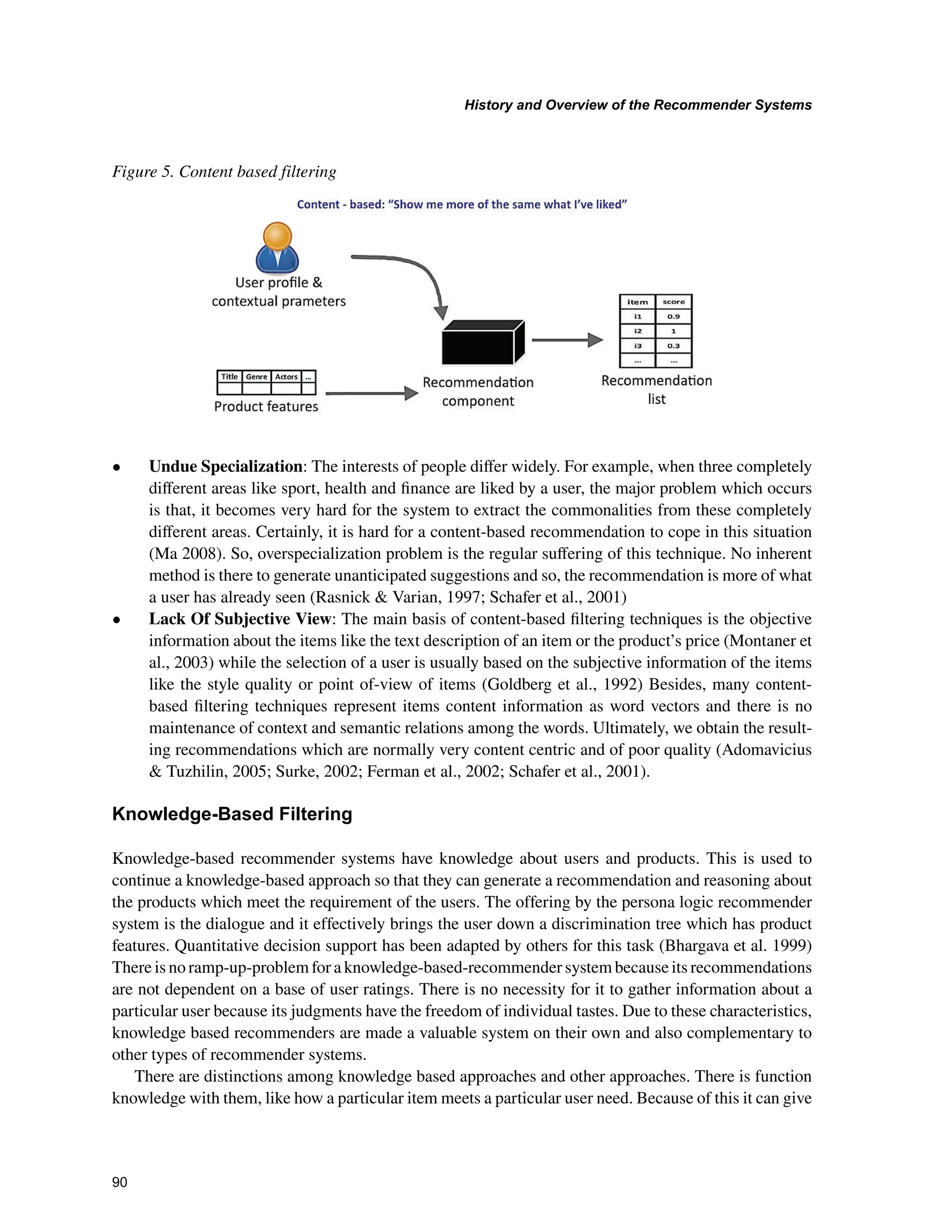 +LVWRUDQG2YHUYLHZRIWKH5HFRPPHQGHU6VWHPV

• Undue Specialization: The interests of people diﬀer widely. For example, when three completely
diﬀerent areas like sport, health and ﬁnance are liked by a user, the major problem which occurs
is that, it becomes very hard for the system to extract the commonalities from these completely
diﬀerent areas. Certainly, it is hard for a content-based recommendation to cope in this situation
(Ma 2008). So, overspecialization problem is the regular suﬀering of this technique. No inherent
method is there to generate unanticipated suggestions and so, the recommendation is more of what
a user has already seen (Rasnick  Varian, 1997; Schafer et al., 2001)
• Lack Of Subjective View: The main basis of content-based ﬁltering techniques is the objective
information about the items like the text description of an item or the product’s price (Montaner et
al., 2003) while the selection of a user is usually based on the subjective information of the items
like the style quality or point of-view of items (Goldberg et al., 1992) Besides, many content-
based ﬁltering techniques represent items content information as word vectors and there is no
maintenance of context and semantic relations among the words. Ultimately, we obtain the result-
ing recommendations which are normally very content centric and of poor quality (Adomavicius
 Tuzhilin, 2005; Surke, 2002; Ferman et al., 2002; Schafer et al., 2001).
.QRZOHGJH%DVHG)LOWHULQJ
Knowledge-based recommender systems have knowledge about users and products. This is used to
continue a knowledge-based approach so that they can generate a recommendation and reasoning about
the products which meet the requirement of the users. The offering by the persona logic recommender
system is the dialogue and it effectively brings the user down a discrimination tree which has product
features. Quantitative decision support has been adapted by others for this task (Bhargava et al. 1999)
There is no ramp-up-problem for a knowledge-based-recommender system because its recommendations
are not dependent on a base of user ratings. There is no necessity for it to gather information about a
particular user because its judgments have the freedom of individual tastes. Due to these characteristics,
knowledge based recommenders are made a valuable system on their own and also complementary to
other types of recommender systems.
There are distinctions among knowledge based approaches and other approaches. There is function
knowledge with them, like how a particular item meets a particular user need. Because of this it can give
Figure 5. Content based filtering
 