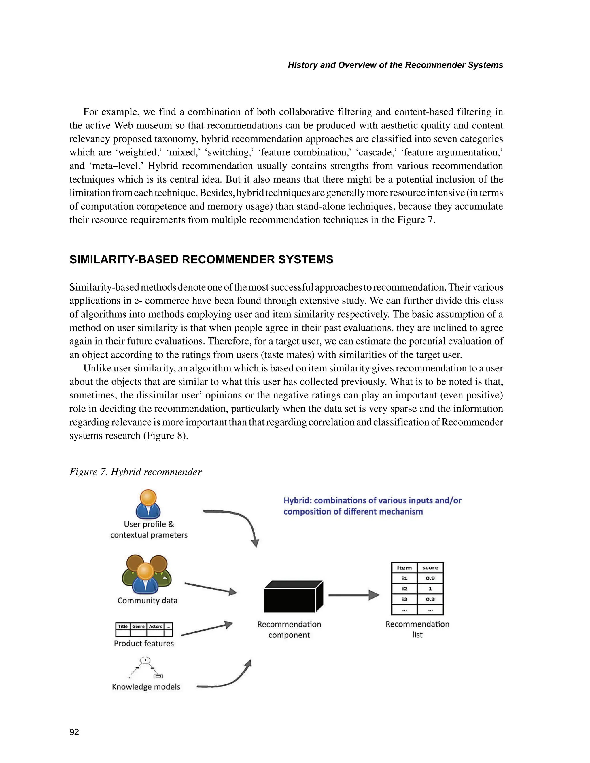 +LVWRUDQG2YHUYLHZRIWKH5HFRPPHQGHU6VWHPV

For example, we find a combination of both collaborative filtering and content-based filtering in
the active Web museum so that recommendations can be produced with aesthetic quality and content
relevancy proposed taxonomy, hybrid recommendation approaches are classified into seven categories
which are ‘weighted,’ ‘mixed,’ ‘switching,’ ‘feature combination,’ ‘cascade,’ ‘feature argumentation,’
and ‘meta–level.’ Hybrid recommendation usually contains strengths from various recommendation
techniques which is its central idea. But it also means that there might be a potential inclusion of the
limitationfromeachtechnique.Besides,hybridtechniquesaregenerallymoreresourceintensive(interms
of computation competence and memory usage) than stand-alone techniques, because they accumulate
their resource requirements from multiple recommendation techniques in the Figure 7.
6,0,/$5,7%$6('5(200(1'(5667(06
Similarity-basedmethodsdenoteoneofthemostsuccessfulapproachestorecommendation.Theirvarious
applications in e- commerce have been found through extensive study. We can further divide this class
of algorithms into methods employing user and item similarity respectively. The basic assumption of a
method on user similarity is that when people agree in their past evaluations, they are inclined to agree
again in their future evaluations. Therefore, for a target user, we can estimate the potential evaluation of
an object according to the ratings from users (taste mates) with similarities of the target user.
Unlike user similarity, an algorithm which is based on item similarity gives recommendation to a user
about the objects that are similar to what this user has collected previously. What is to be noted is that,
sometimes, the dissimilar user’ opinions or the negative ratings can play an important (even positive)
role in deciding the recommendation, particularly when the data set is very sparse and the information
regarding relevance is more important than that regarding correlation and classification of Recommender
systems research (Figure 8).
Figure 7. Hybrid recommender
 
