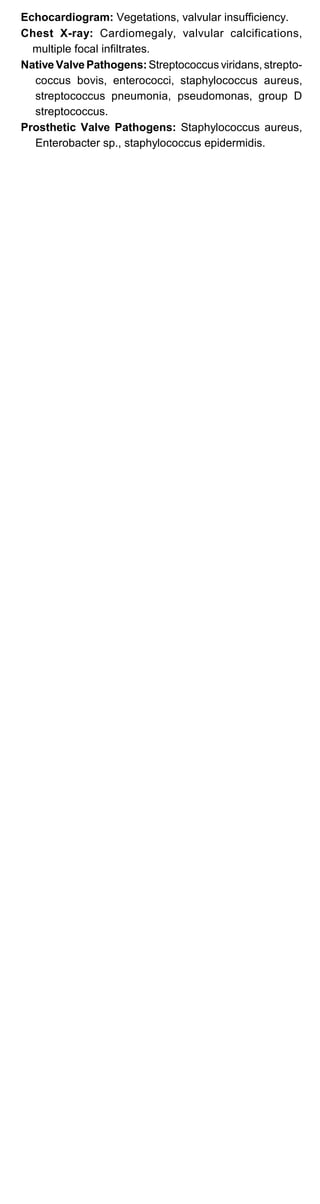 Echocardiogram: Vegetations, valvular insufficiency.
Chest X-ray: Cardiomegaly, valvular calcifications,
multiple focal infiltrates.
Native Valve Pathogens: Streptococcus viridans, strepto­
coccus bovis, enterococci, staphylococcus aureus,
streptococcus pneumonia, pseudomonas, group D
streptococcus.
Prosthetic Valve Pathogens: Staphylococcus aureus,
Enterobacter sp., staphylococcus epidermidis.
 
