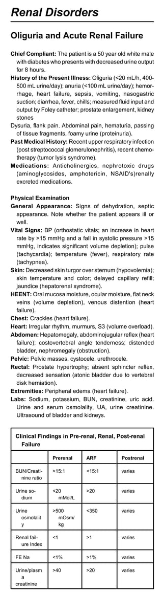 Renal Disorders
Oliguria and Acute Renal Failure
Chief Compliant: The patient is a 50 year old white male
with diabetes who presents with decreased urine output
for 8 hours.
History of the Present Illness: Oliguria (<20 mL/h, 400­
500 mL urine/day); anuria (<100 mL urine/day); hemor­
rhage, heart failure, sepsis, vomiting, nasogastric
suction; diarrhea, fever, chills; measured fluid input and
output by Foley catheter; prostate enlargement, kidney
stones
Dysuria, flank pain. Abdominal pain, hematuria, passing
of tissue fragments, foamy urine (proteinuria).
Past Medical History: Recent upper respiratory infection
(post streptococcal glomerulonephritis), recent chemo­
therapy (tumor lysis syndrome).
Medications: Anticholinergics, nephrotoxic drugs
(aminoglycosides, amphotericin, NSAID's)renally
excreted medications.
Physical Examination
General Appearance: Signs of dehydration, septic
appearance. Note whether the patient appears ill or
well.
Vital Signs: BP (orthostatic vitals; an increase in heart
rate by >15 mmHg and a fall in systolic pressure >15
mmHg, indicates significant volume depletion); pulse
(tachycardia); temperature (fever), respiratory rate
(tachypnea).
Skin: Decreased skin turgor over sternum (hypovolemia);
skin temperature and color; delayed capillary refill;
jaundice (hepatorenal syndrome).
HEENT: Oral mucosa moisture, ocular moisture, flat neck
veins (volume depletion), venous distention (heart
failure).
Chest: Crackles (heart failure).
Heart: Irregular rhythm, murmurs, S3 (volume overload).
Abdomen: Hepatomegaly, abdominojugular reflex (heart
failure); costovertebral angle tenderness; distended
bladder, nephromegaly (obstruction).
Pelvic: Pelvic masses, cystocele, urethrocele.
Rectal: Prostate hypertrophy; absent sphincter reflex,
decreased sensation (atonic bladder due to vertebral
disk herniation).
Extremities: Peripheral edema (heart failure).
Labs: Sodium, potassium, BUN, creatinine, uric acid.
Urine and serum osmolality, UA, urine creatinine.
Ultrasound of bladder and kidneys.
Clinical Findings in Pre-renal, Renal, Post-renal
Failure
Prerenal ARF Postrenal
BUN/Creati­
nine ratio
>15:1 <15:1 varies
Urine so­
dium
<20
mMol/L
>20 varies
Urine
osmolalit
y
>500
mOsm/
kg
<350 varies
Renal fail­
ure Index
<1 >1 varies
FE Na <1% >1% varies
Urine/plasm
a
creatinine
>40 >20 varies
 
