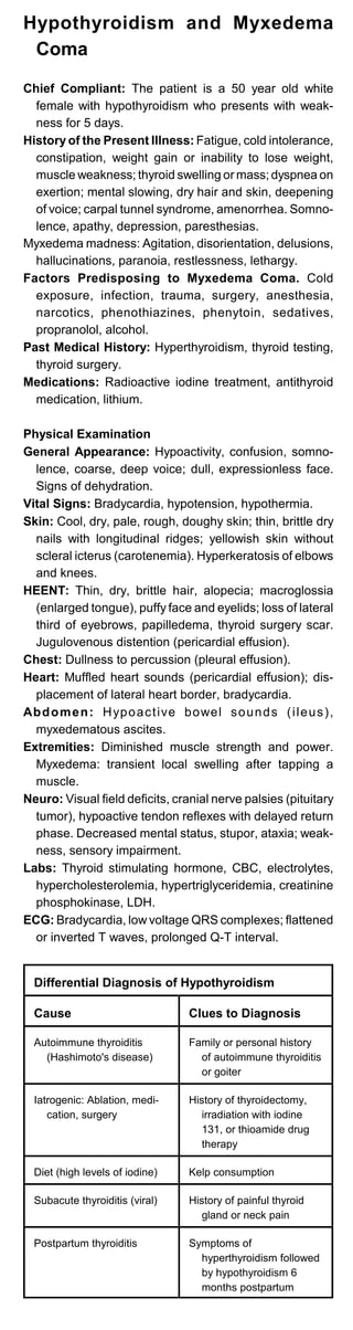 Hypothyroidism and Myxedema
Coma
Chief Compliant: The patient is a 50 year old white
female with hypothyroidism who presents with weak­
ness for 5 days.
History of the Present Illness: Fatigue, cold intolerance,
constipation, weight gain or inability to lose weight,
muscle weakness; thyroid swelling or mass; dyspnea on
exertion; mental slowing, dry hair and skin, deepening
of voice; carpal tunnel syndrome, amenorrhea. Somno­
lence, apathy, depression, paresthesias.
Myxedema madness: Agitation, disorientation, delusions,
hallucinations, paranoia, restlessness, lethargy.
Factors Predisposing to Myxedema Coma. Cold
exposure, infection, trauma, surgery, anesthesia,
narcotics, phenothiazines, phenytoin, sedatives,
propranolol, alcohol.
Past Medical History: Hyperthyroidism, thyroid testing,
thyroid surgery.
Medications: Radioactive iodine treatment, antithyroid
medication, lithium.
Physical Examination
General Appearance: Hypoactivity, confusion, somno­
lence, coarse, deep voice; dull, expressionless face.
Signs of dehydration.
Vital Signs: Bradycardia, hypotension, hypothermia.
Skin: Cool, dry, pale, rough, doughy skin; thin, brittle dry
nails with longitudinal ridges; yellowish skin without
scleral icterus (carotenemia). Hyperkeratosis of elbows
and knees.
HEENT: Thin, dry, brittle hair, alopecia; macroglossia
(enlarged tongue), puffy face and eyelids; loss of lateral
third of eyebrows, papilledema, thyroid surgery scar.
Jugulovenous distention (pericardial effusion).
Chest: Dullness to percussion (pleural effusion).
Heart: Muffled heart sounds (pericardial effusion); dis­
placement of lateral heart border, bradycardia.
Abdomen: Hypoactive bowel sounds (ileus),
myxedematous ascites.
Extremities: Diminished muscle strength and power.
Myxedema: transient local swelling after tapping a
muscle.
Neuro: Visual field deficits, cranial nerve palsies (pituitary
tumor), hypoactive tendon reflexes with delayed return
phase. Decreased mental status, stupor, ataxia; weak­
ness, sensory impairment.
Labs: Thyroid stimulating hormone, CBC, electrolytes,
hypercholesterolemia, hypertriglyceridemia, creatinine
phosphokinase, LDH.
ECG: Bradycardia, low voltage QRS complexes; flattened
or inverted T waves, prolonged Q-T interval.
Differential Diagnosis of Hypothyroidism
Cause Clues to Diagnosis
Autoimmune thyroiditis
(Hashimoto's disease)
Family or personal history
of autoimmune thyroiditis
or goiter
Iatrogenic: Ablation, medi-
cation, surgery
History of thyroidectomy,
irradiation with iodine
131, or thioamide drug
therapy
Diet (high levels of iodine) Kelp consumption
Subacute thyroiditis (viral) History of painful thyroid
gland or neck pain
Postpartum thyroiditis Symptoms of
hyperthyroidism followed
by hypothyroidism 6
months postpartum
 
