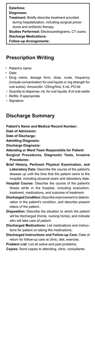 Date/time:

Diagnoses:

Treatment: Briefly describe treatment provided

during hospitalization, including surgical proce­
dures and antibiotic therapy.
Studies Performed: Electrocardiograms, CT scans.
Discharge Medications:
Follow-up Arrangements:
Prescription Writing
• Patient’s name:
• Date:
•	 Drug name, dosage form, dose, route, frequency
(include concentration for oral liquids or mg strength for
oral solids): Amoxicillin 125mg/5mL 5 mL PO tid
• Quantity to dispense: mL for oral liquids, # of oral solids
• Refills: If appropriate
• Signature
Discharge Summary
Patient's Name and Medical Record Number:

Date of Admission:

Date of Discharge:

Admitting Diagnosis:

Discharge Diagnosis:

Attending or Ward Team Responsible for Patient:

Surgical Procedures, Diagnostic Tests, Invasive

Procedures:
Brief History, Pertinent Physical Examination, and
Laboratory Data: Describe the course of the patient's
disease up until the time that the patient came to the
hospital, including physical exam and laboratory data.
Hospital Course: Describe the course of the patient's
illness while in the hospital, including evaluation,
treatment, medications, and outcome of treatment.
Discharged Condition:Describe improvement or deterio­
ration in the patient's condition, and describe present
status of the patient.
Disposition: Describe the situation to which the patient
will be discharged (home, nursing home), and indicate
who will take care of patient.
Discharged Medications: List medications and instruc­
tions for patient on taking the medications.
Discharged Instructions and Follow-up Care: Date of
return for follow-up care at clinic; diet, exercise.
Problem List: List all active and past problems.
Copies: Send copies to attending, clinic, consultants.
 