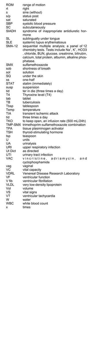 ROM range of motion 

rt right

s sine (without) 

s/p status post

sat saturated 

SBP systolic blood pressure

SC subcutaneously

SIADH syndrome of inappropriate antidiuretic hor­

mone
SL sublingually under tongue
SLE systemic lupus erythematosus
SMA-12 sequential multiple analysis; a panel of 12
chemistry tests. Tests include Na+
, K+
, HCO3
, chloride, BUN, glucose, creatinine, bilirubin,
calcium, total protein, albumin, alkaline phos­
phatase.
SMX sulfamethoxazole 

sob shortness of breath 

sol solution

SQ under the skin 

ss one-half

STAT statim (immediately)

susp suspension

tid ter in die (three times a day)

T4 Thyroxine level (T4)

tab tablet

TB tuberculosis 

Tbsp tablespoon 

Temp temperature

TIA transient ischemic attack 

tid three times a day

TKO to keep open, an infusion rate (500 mL/24h)

TMP-SMX trimethoprim-sulfamethoxazole combination 

TPA tissue plasminogen activator 

TSH thyroid-stimulating hormone 

tsp teaspoon 

U units

UA urinalysis

URI upper respiratory infection 

Ut Dict as directed

UTI urinary tract infection

VAC v i n c r i s t i n e , a d r i a m y c i n , a n d 

cyclophosphamide
vag vaginal
VC vital capacity
VDRL Venereal Disease Research Laboratory
VF ventricular function
V fib ventricular fibrillation
VLDL very low-density lipoprotein
Vol volume
VS vital signs
VT ventricular tachycardia
W water
WBC white blood count
timesx
 