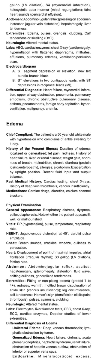 gallop (LV dilation), S4 (myocardial infarction),
holosystolic apex murmur (mitral regurgitation); faint
heart sounds (pericardial effusion).
Abdomen: Abdominojugular reflux(pressing on abdomen
increases jugular vein distention), hepatomegaly, liver
tenderness.
Extremities: Edema, pulses, cyanosis, clubbing. Calf
tenderness or swelling (DVT).
Neurologic: Altered mental status.
Labs: ABG, cardiac enzymes; chest X-ray (cardiomegaly,
hyperinflation with flattened diaphragms, infiltrates,
effusions, pulmonary edema), ventilation/perfusion
scan.
Electrocardiogram
A. ST segment depression or elevation, new left
bundle-branch block.
B. ST elevations in two contiguous leads, with ST
depressions in reciprocal leads (MI).
Differential Diagnosis: Heart failure, myocardial infarc­
tion, upper airway obstruction, pneumonia, pulmonary
embolism, chronic obstructive pulmonary disease,
asthma, pneumothorax, foreign body aspiration, hyper­
ventilation, malignancy, anemia.
Edema
Chief Compliant: The patient is a 50 year old white male
with hypertension who complains of ankle swelling for
1 day.
History of the Present Illness: Duration of edema;
localized or generalized; let pain, redness. History of
heart failure, liver, or renal disease; weight gain, short­
ness of breath, malnutrition, chronic diarrhea (protein
losing enteropathy), allergies, alcoholism. Exacerbation
by upright position. Recent fluid input and output
balance.
Past Medical History: Cardiac testing, chest X-rays.
History of deep vein thrombosis, venous insufficiency.
Medications: Cardiac drugs, diuretics, calcium channel
blockers.
Physical Examination
General Appearance: Respiratory distress, dyspnea,
pallor, diaphoresis. Note whether the patient appears ill,
well, or malnourished.
Vitals: BP (hypotension), pulse, temperature, respiratory
rate.
HEENT: Jugulovenous distention at 45°; carotid pulse
amplitude.
Chest: Breath sounds, crackles, wheeze, dullness to
percussion.
Heart: Displacement of point of maximal impulse, atrial
fibrillation (irregular rhythm); S3 gallop (LV dilation),
friction rubs.
Abdomen: Abdominojugular reflux, ascites,
hepatomegaly, splenomegaly, distention, fluid wave,
shifting dullness, generalized tenderness.
Extremities: Pitting or non-pitting edema (graded 1 to
4+), redness, warmth; mottled brown discoloration of
ankle skin (venous insufficiency); leg circumference,
calf tenderness, Homan's sign (dorsiflexion elicits pain;
thrombosis); pulses, cyanosis, clubbing.
Neurologic: Altered mental status.
Labs: Electrolytes, liver function tests, CBC, chest X-ray,
ECG, cardiac enzymes, Doppler studies of lower
extremities.
Differential Diagnosis of Edema
Unilateral Edema: Deep venous thrombosis; lym­
phatic obstruction by tumor.
Generalized Edema: Heart failure, cirrhosis, acute
glomerulonephritis, nephrotic syndrome, renal failure,
obstruction of hepatic venous outflow, obstruction of
inferior or superior vena cava.
En docrine: Min e r a l o c o r t i c o i d e xc e s s ,
 