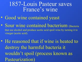 1857-Louis Pasteur saves France’s wine Good wine contained yeast Sour wine contained bacterium  ( Bacteria that use alcohol and produce acetic acid spoil wine by turning it to vinegar (acetic acid). He reasoned that if wine is heated to destroy the harmful bacteria it wouldn’t spoil (process known as Pasteurization) 