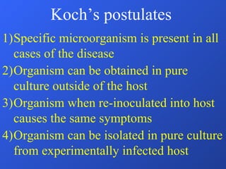 Koch’s postulates Specific microorganism is present in all cases of the disease Organism can be obtained in pure culture outside of the host Organism when re-inoculated into host causes the same symptoms Organism can be isolated in pure culture from experimentally infected host 
