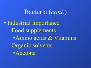 Bacteria ( cont. ) Industrial importance Food supplements Amino acids & Vitamins  Organic solvents Acetone 