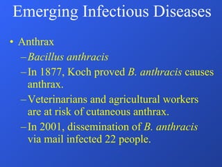 Anthrax Bacillus anthracis In 1877, Koch proved  B. anthracis  causes anthrax. Veterinarians and agricultural workers are at risk of cutaneous anthrax. In 2001, dissemination of  B. anthracis  via mail infected 22 people. Emerging Infectious Diseases 