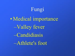 Fungi
•Medical importance
–Valley fever
–Candidiasis
–Athlete's foot
 