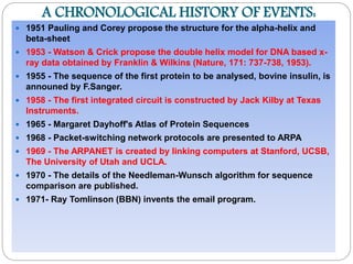 A CHRONOLOGICAL HISTORY OF EVENTS:
 1951 Pauling and Corey propose the structure for the alpha-helix and
beta-sheet
 1953 - Watson & Crick propose the double helix model for DNA based x-
ray data obtained by Franklin & Wilkins (Nature, 171: 737-738, 1953).
 1955 - The sequence of the first protein to be analysed, bovine insulin, is
announed by F.Sanger.
 1958 - The first integrated circuit is constructed by Jack Kilby at Texas
Instruments.
 1965 - Margaret Dayhoff's Atlas of Protein Sequences
 1968 - Packet-switching network protocols are presented to ARPA
 1969 - The ARPANET is created by linking computers at Stanford, UCSB,
The University of Utah and UCLA.
 1970 - The details of the Needleman-Wunsch algorithm for sequence
comparison are published.
 1971- Ray Tomlinson (BBN) invents the email program.
 