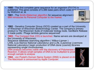  1980 - The first complete gene sequence for an organism (FX174) is
published. The gene consists of 5,386 base pairs which code nine proteins'
by Wüthrich et. al.
 1981 - The Smith-Waterman algorithm for sequence alignment is published.
IBM introduces its Personal Computer to the market.
 1982 - Genetics Computer Group (GCG) created as a part of the University
of Wisconsin of Wisconsin Biotechnology Center. The company's primary
product is The Wisconsin Suite of molecular biology tools. GenBank Release
3 made public Phage lambda genome sequenced
 1983 - The Compact Disk (CD) is launched. Name servers are developed at
the University of Wisconsin.
Sequence database searching algorithm ( Wilbur-Lipman )
LANL (Los Alamos National Laboratory) and LLNL (Lawrence Livermore
National Laboratory) begin production of DNA clone (cosmid) libraries
representing single chromosomes.
DNA analysis becomes viable with the discovery of Polymerase Chain
Reaction. It allows small samples of DNA to be multiplied to produce a large
enough sample to analyse
 1984 - Jon Postel's Domain Name System (DNS) is placed on-line.
The Macintosh is announced by Apple Computer.
 