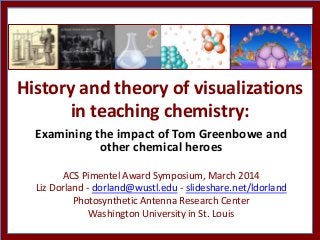 History and theory of visualizations
in teaching chemistry:
Examining the impact of Tom Greenbowe and
other chemical heroes
ACS Pimentel Award Symposium, March 2014
Liz Dorland - dorland@wustl.edu - slideshare.net/ldorland
Photosynthetic Antenna Research Center
Washington University in St. Louis
 