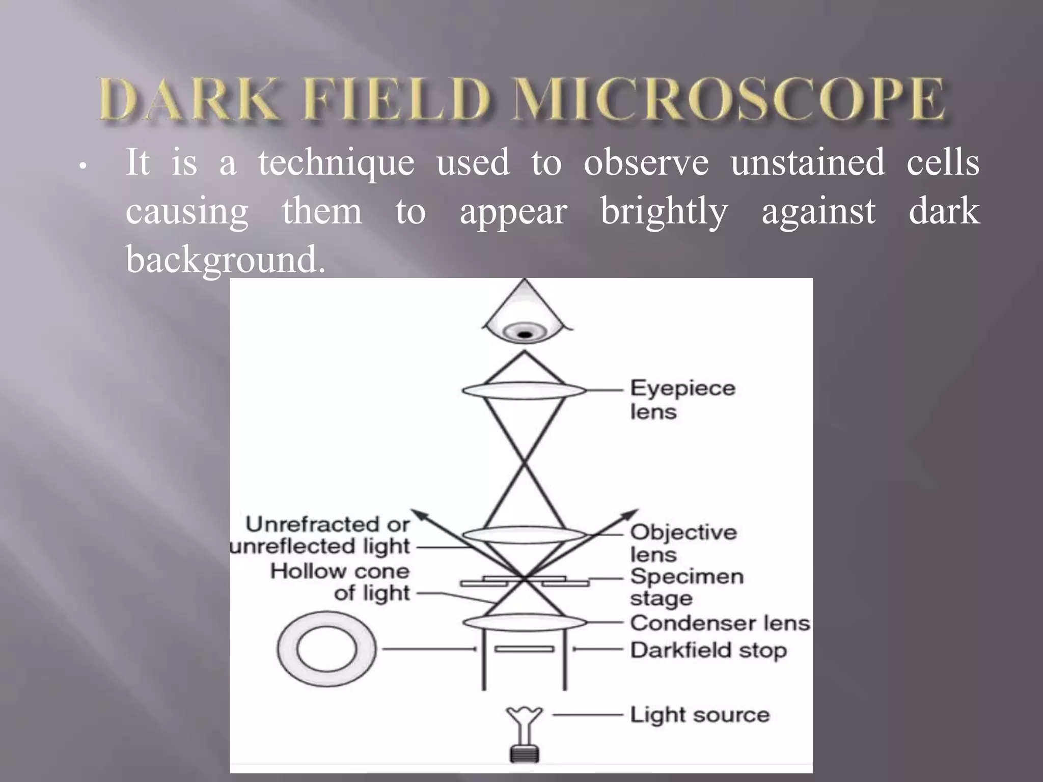 • It is a technique used to observe unstained cells
causing them to appear brightly against dark
background.
 