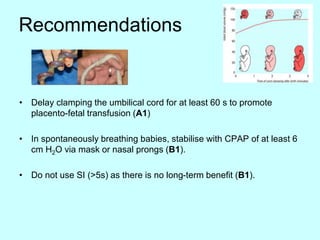 Recommendations
• Delay clamping the umbilical cord for at least 60 s to promote
placento-fetal transfusion (A1)
• In spontaneously breathing babies, stabilise with CPAP of at least 6
cm H2O via mask or nasal prongs (B1).
• Do not use SI (>5s) as there is no long-term benefit (B1).
 