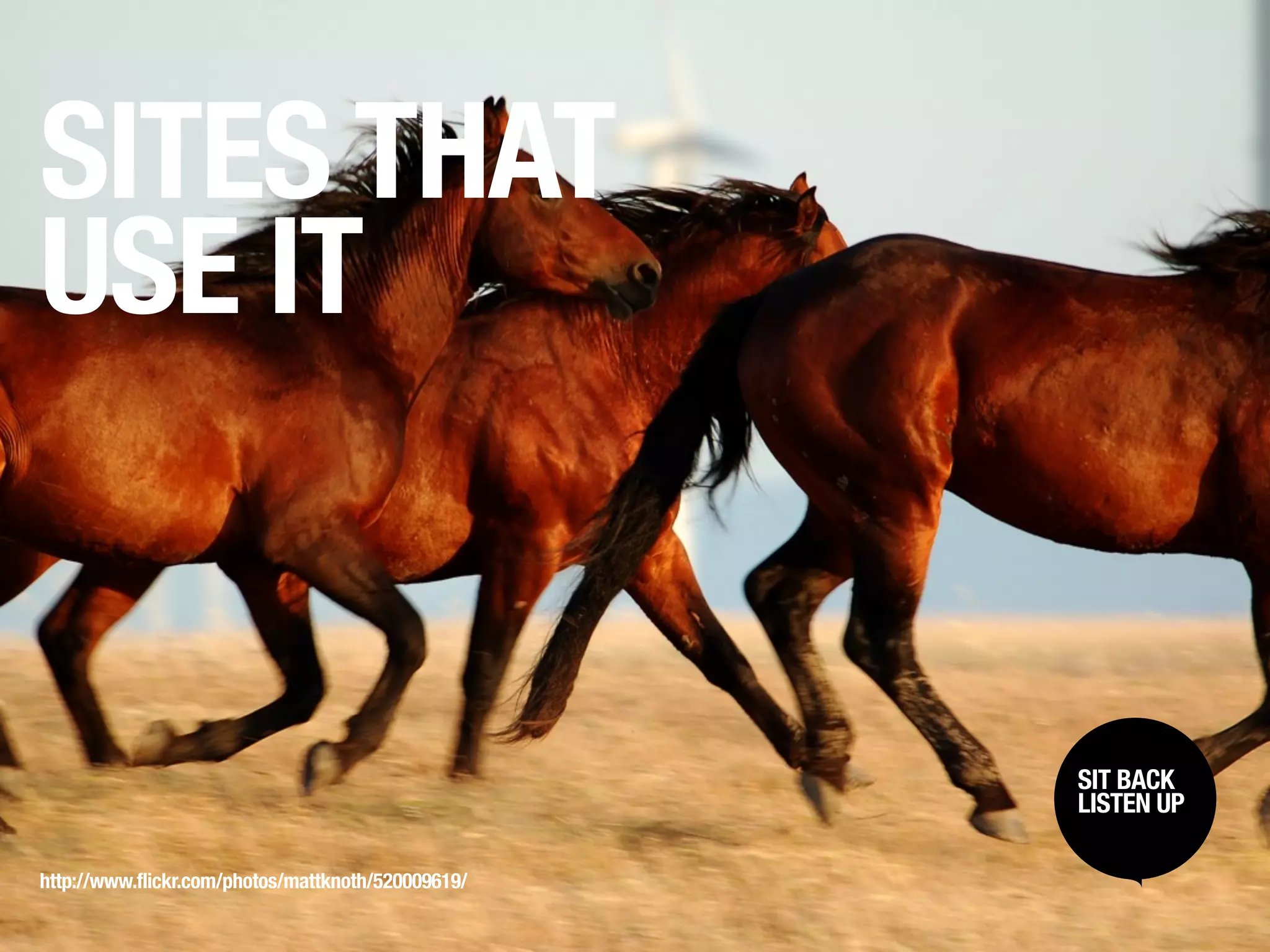 SITES THAT
USE IT


                                                    SIT BACK /
                                                     SIT BACK
                                                    LISTENUP
                                                     LISTEN UP



http://www.flickr.com/photos/mattknoth/520009619/
 