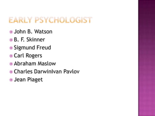  John  B. Watson
 B. F. Skinner
 Sigmund Freud
 Carl Rogers
 Abraham Maslow
 Charles DarwinIvan Pavlov
 Jean Piaget
 