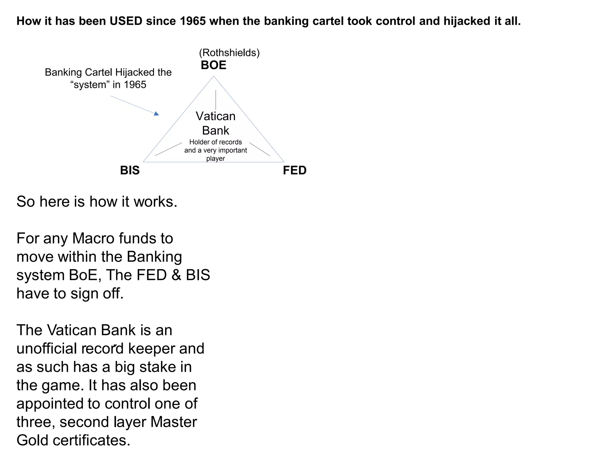 How it has been USED since 1965 when the banking cartel took control and hijacked it all.

                                       (Rothshields)
                                        BOE
     Banking Cartel Hijacked the
          “system” in 1965


                                      Vatican
                                       Bank
                                    Holder of records
                                   and a very important
                                          player
                    BIS                                   FED

So here is how it works.

For any Macro funds to
move within the Banking
system BoE, The FED & BIS
have to sign off.

The Vatican Bank is an
                -
unofficial record keeper and
as such has a big stake in
the game. It has also been
appointed to control one of
three, second layer Master
Gold certificates.
 