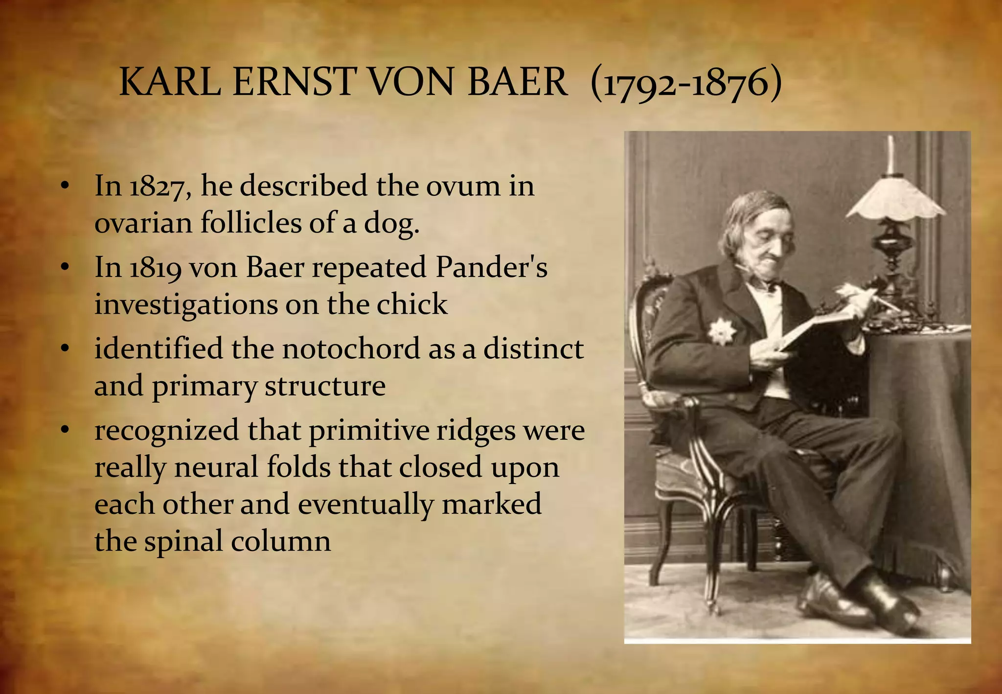 KARL ERNST VON BAER (1792-1876)
• In 1827, he described the ovum in
ovarian follicles of a dog.
• In 1819 von Baer repeated Pander's
investigations on the chick
• identified the notochord as a distinct
and primary structure
• recognized that primitive ridges were
really neural folds that closed upon
each other and eventually marked
the spinal column
 