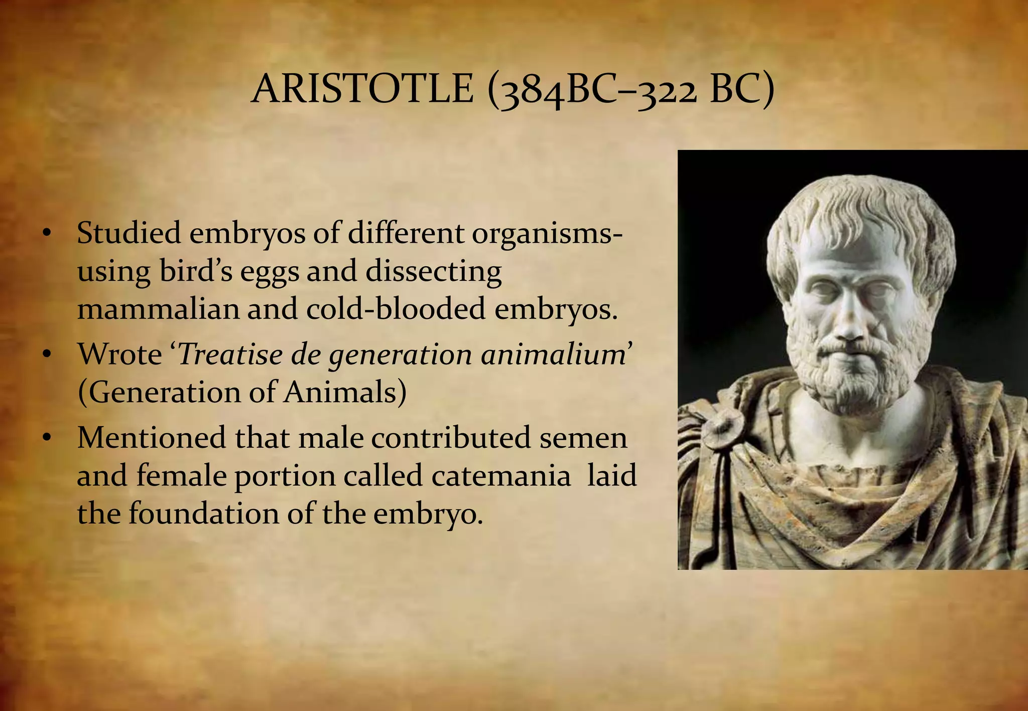 • Studied embryos of different organisms-
using bird’s eggs and dissecting
mammalian and cold-blooded embryos.
• Wrote ‘Treatise de generation animalium’
(Generation of Animals)
• Mentioned that male contributed semen
and female portion called catemania laid
the foundation of the embryo.
ARISTOTLE (384BC–322 BC)
 
