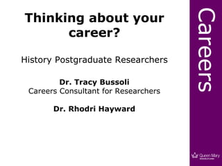 Thinking about your career? History Postgraduate Researchers Dr. Tracy Bussoli Careers Consultant for Researchers Dr. Rhodri Hayward 