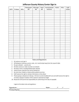 Jefferson County History Center Sign In
                             Newspaper      Marriage    Deed     Family/people       Books     Misc.     Staff
DATE   Probate      Wills       MF            MF         MF        Histories                            initials




                                           Rules and Regulations
  1.  ALL patrons must sign in
  2.  All backpacks, briefcases, purses, coats, etc. must be kept away from the research table
  3.  No pens allowed --- pencils only
  4.  No flash cameras or video recorders are allowed
  5.  No food or drink, including bottled water allowed
  6.  History Center materials may not be checked out
  7.  No more than 3 folders or books will be pulled at one time
  8.  Staff reserves the right to retrieve information as time allows
  9.  Photocopying is allowed at $.10/copy. All items must be handled with care and staff reserves the right to
      not allow copying if condition of the material is deemed too fragile
  10. Researcher will assume full responsibility for conforming to the laws of copyright


       I agree to the above rules and regulations:

Signature:________________________________ Date:________/_____/_______
Printed Name_______________________________________________________
 