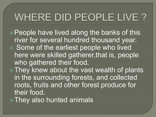 People have lived along the banks of this
river for several hundred thousand year.
 Some of the earliest people who lived
here were skilled gatherer,that is, people
who gathered their food.
They knew about the vast wealth of plants
in the surrounding forests, and collected
roots, fruits and other forest produce for
their food.
They also hunted animals
 