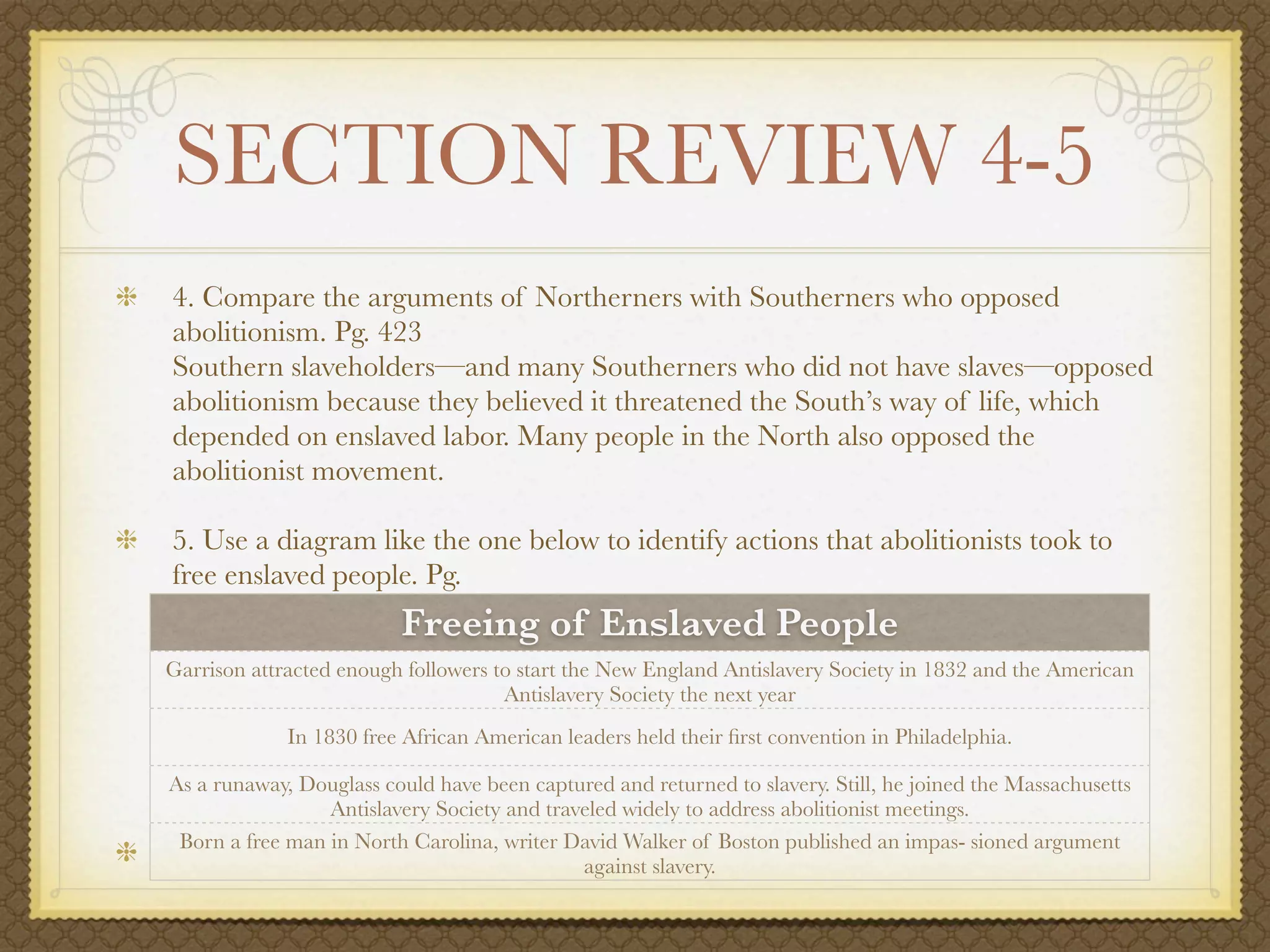 SECTION REVIEW 4-5
4. Compare the arguments of Northerners with Southerners who opposed
abolitionism. Pg. 423
Southern slaveholders—and many Southerners who did not have slaves—opposed
abolitionism because they believed it threatened the South’s way of life, which
depended on enslaved labor. Many people in the North also opposed the
abolitionist movement.

5. Use a diagram like the one below to identify actions that abolitionists took to
free enslaved people. Pg.
                         Freeing of Enslaved People
Garrison attracted enough followers to start the New England Antislavery Society in 1832 and the American
                                     Antislavery Society the next year
             In 1830 free African American leaders held their ﬁrst convention in Philadelphia.

As a runaway, Douglass could have been captured and returned to slavery. Still, he joined the Massachusetts
                 Antislavery Society and traveled widely to address abolitionist meetings.
 Born a free man in North Carolina, writer David Walker of Boston published an impas- sioned argument
                                             against slavery.
 
