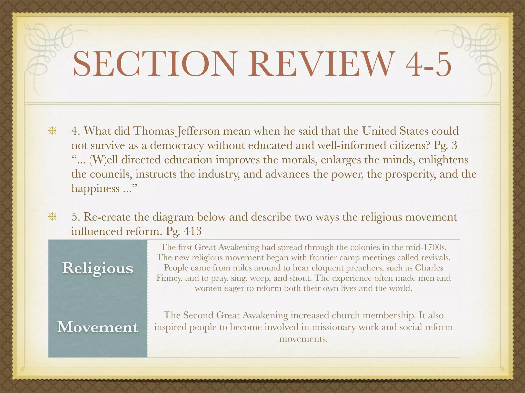 SECTION REVIEW 4-5
 4. What did Thomas Jefferson mean when he said that the United States could
 not survive as a democracy without educated and well-informed citizens? Pg. 3
 “... (W)ell directed education improves the morals, enlarges the minds, enlightens
 the councils, instructs the industry, and advances the power, the prosperity, and the
 happiness ...”

 5. Re-create the diagram below and describe two ways the religious movement
 inﬂuenced reform. Pg. 413
                   The ﬁrst Great Awakening had spread through the colonies in the mid-1700s.
                  The new religious movement began with frontier camp meetings called revivals.
Religious           People came from miles around to hear eloquent preachers, such as Charles
                  Finney, and to pray, sing, weep, and shout. The experience often made men and
                            women eager to reform both their own lives and the world.

                    The Second Great Awakening increased church membership. It also
Movement          inspired people to become involved in missionary work and social reform
                                               movements.
 