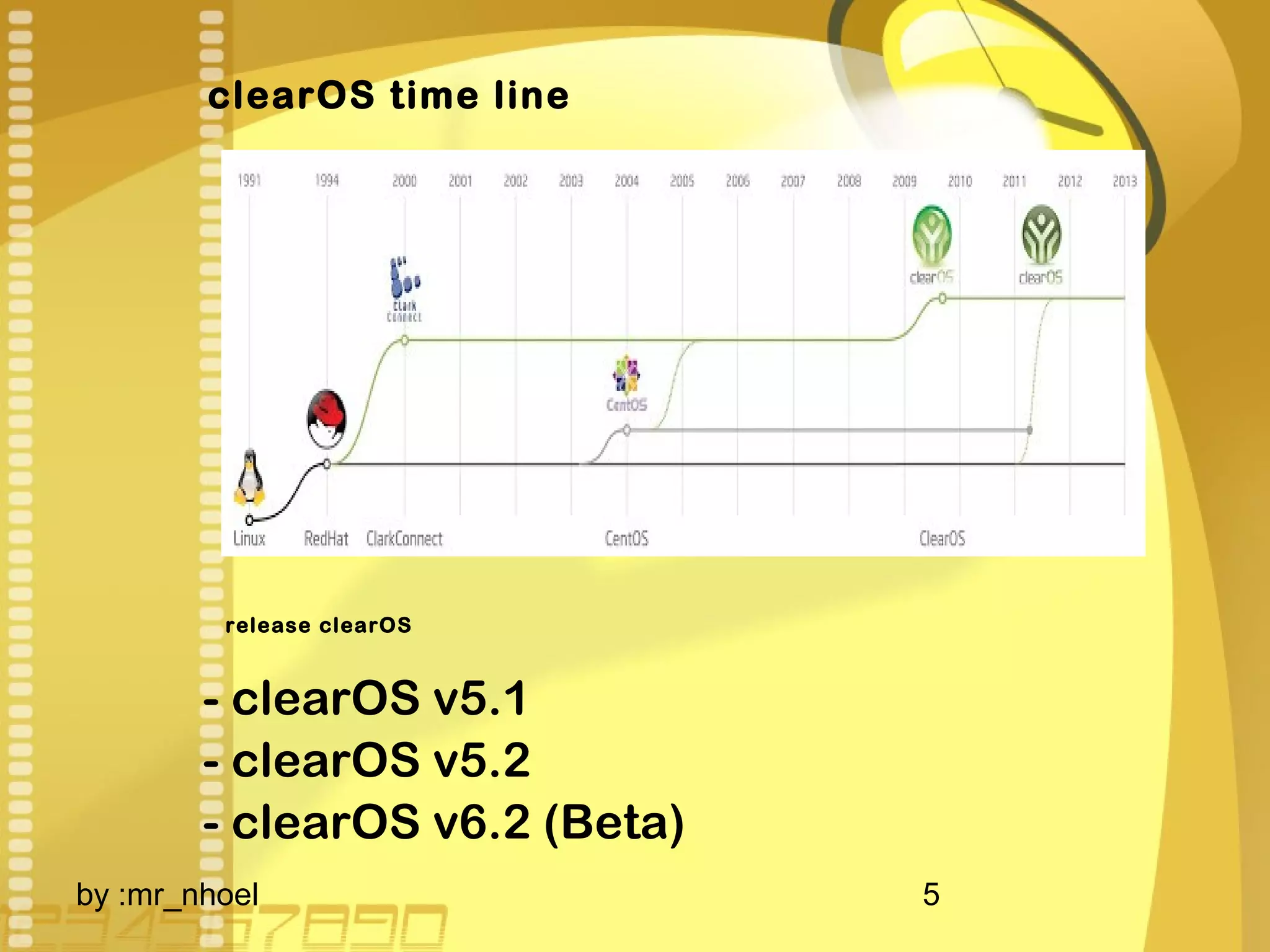 clearOS time line 
release clearOS 
- clearOS v5.1 
- clearOS v5.2 
- clearOS v6.2 (Beta) 
by :mr_nhoel 5 
 
