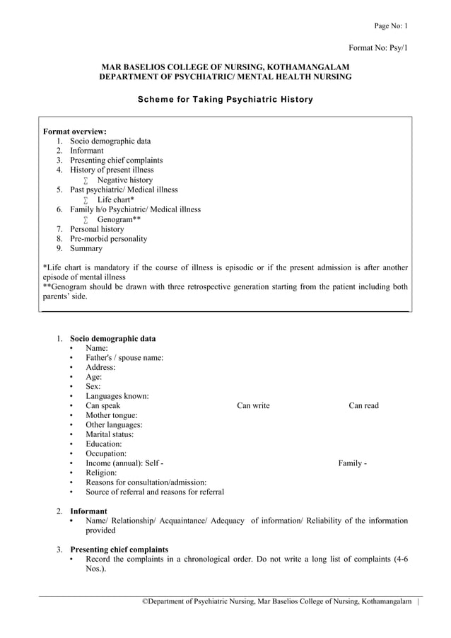 History collection format in psychiatric Nursing (Courtesy Department