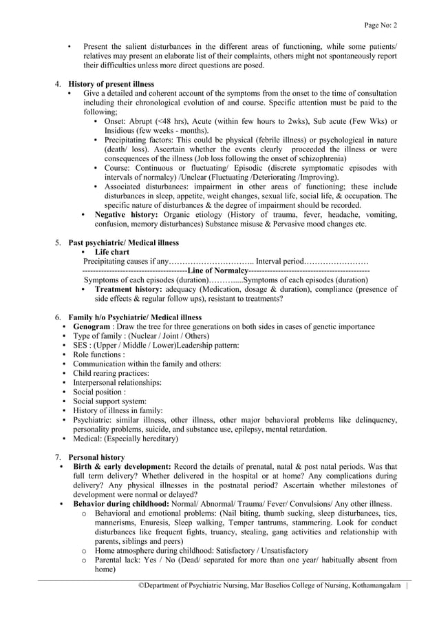 History collection format in psychiatric Nursing (Courtesy Department
