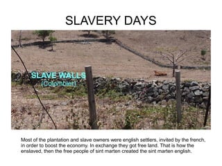 SLAVERY DAYS
SLAVE WALLS
(Colombier)
Most of the plantation and slave owners were english settlers, invited by the french,
in order to boost the economy. In exchange they got free land. That is how the
enslaved, then the free people of sint marten created the sint marten english.
 