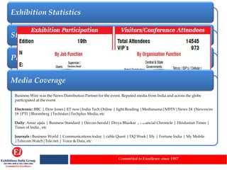 Exhibition Statistics


Statistics on Visiting Professionals


Participants

 The mega event brought together 431 participants ; 17 sponsors ; 101 speakers
Media Coverage 26 countries:
 and 895 delegtes from

 Business Wire was the News Distribution Partner for the event. Reputed media from India and across the globe
 participated at the event

 Electronic: BBC | Dow Jones| ET now|India Tech Online | light Reading |Medianama|NDTV|News 24 |Newswire
 18 |PTI |Bloomberg |Techistan|Techplus Media, etc

 Daily: Amar ujala | Business Standard | Deccan herald| Divya Bhaskar | Financial Chronicle | Hindustan Times |
 Times of India , etc

 Journals : Business World | Communications today | cable Quest | DQ Week| Efy | Fortune India | My Mobile
 |Telecom Watch|Tele.net | Voice & Data, etc
 