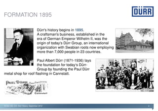 FORMATION 1895

                                     Dürr's history begins in 1895.
                                     A craftsman's business, established in the
                                     era of German Emperor Wilhelm II, was the
                                     origin of today's Dürr Group, an international
                                     organization with Swabian roots now employing
                                     more than 7,000 people in 23 countries.

                      Paul Albert Dürr (1871-1936) lays
                      the foundation for today‘s Dürr-
                      Group by founding the Paul Dürr
metal shop for roof flashing in Cannstatt.




© Dürr AG, CCI, Dürr History, September 2012                                          2
 