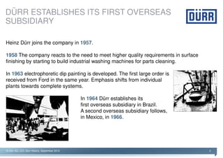 DÜRR ESTABLISHES ITS FIRST OVERSEAS
SUBSIDIARY

Heinz Dürr joins the company in 1957.

1958 The company reacts to the need to meet higher quality requirements in surface
finishing by starting to build industrial washing machines for parts cleaning.

In 1963 electrophoretic dip painting is developed. The first large order is
received from Ford in the same year. Emphasis shifts from individual
plants towards complete systems.

                                               In 1964 Dürr establishes its
                                               first overseas subsidiary in Brazil.
                                               A second overseas subsidiary follows,
                                               in Mexico, in 1966.




© Dürr AG, CCI, Dürr History, September 2012                                           4
 