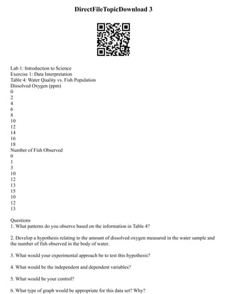 DirectFileTopicDownload 3
Lab 1: Introduction to Science
Exercise 1: Data Interpretation
Table 4: Water Quality vs. Fish Population
Dissolved Oxygen (ppm)
0
2
4
6
8
10
12
14
16
18
Number of Fish Observed
0
1
3
10
12
13
15
10
12
13
Questions
1. What patterns do you observe based on the information in Table 4?
2. Develop a hypothesis relating to the amount of dissolved oxygen measured in the water sample and
the number of fish observed in the body of water.
3. What would your experimental approach be to test this hypothesis?
4. What would be the independent and dependent variables?
5. What would be your control?
6. What type of graph would be appropriate for this data set? Why?
 