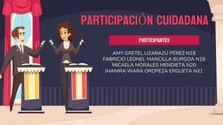 AMY GRETEL LIZARAZÚ PÉREZ N18
FABRICIO LEONEL MANCILLA BURGOA N19
MICAELA MORALES MENDIETA N20
JHANIRA WARA OROPEZA ERGUETA N21
PARTICIPANTES
PARTICIPACIÓN CUIDADANA
 