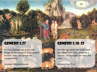 Genesis 1:27                         Genesis 2:18-22
So God created man in his own        And the rib, which the LORD God
image, in the image of God created   had taken from man, made he a
he him; male and female he           woman, and brought her unto the
created them .                       man.

(created simultaneously)             (created man first)
 