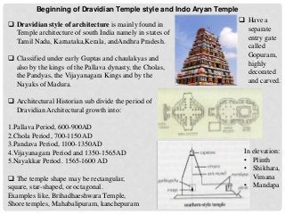 Beginning of Dravidian Temple style and Indo Aryan Temple
 Dravidian style of architecture is mainly found in
Temple architecture of south India namely in states of
Tamil Nadu, Karnataka,Kerala, andAndhra Pradesh.
 Classified under early Guptas and chaulakyas and
also by the kings of the Pallava dynasty, the Cholas,
the Pandyas, the Vijayanagara Kings and by the
Nayaks of Madura.
 Architectural Historian sub divide the period of
Dravidian Architectural growth into:
1.Pallava Period, 600-900AD
2.Chola Period, 700-1150 AD
3.Pandava Period, 1100-1350AD
4.Vijayanagara Period and 1350-1565AD
5.Nayakkar Period. 1565-1600 AD
 The temple shape may be rectangular,
square, star-shaped, or octagonal.
Examples like, Brihadhaeshwara Temple,
Shore temples, Mahabalipuram, kanchepuram
 Have a
separate
entry gate
called
Gopuram,
highly
decorated
and carved.
In elevation:
• Plinth
• Shikhara,
Vimana
• Mandapa
 