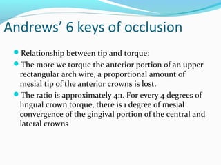Andrews’ 6 keys of occlusion
Relationship between tip and torque:
The more we torque the anterior portion of an upper
rectangular arch wire, a proportional amount of
mesial tip of the anterior crowns is lost.
The ratio is approximately 4:1. For every 4 degrees of
lingual crown torque, there is 1 degree of mesial
convergence of the gingival portion of the central and
lateral crowns
 