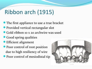 Ribbon arch (1915)
The first appliance to use a true bracket
Provided vertical rectangular slot
Gold ribbon 10 x 20 archwire was used
Good spring qualities
Efficient alignment
Poor control of root position
due to high resiliency of wire
Poor control of mesiodistal tip
 