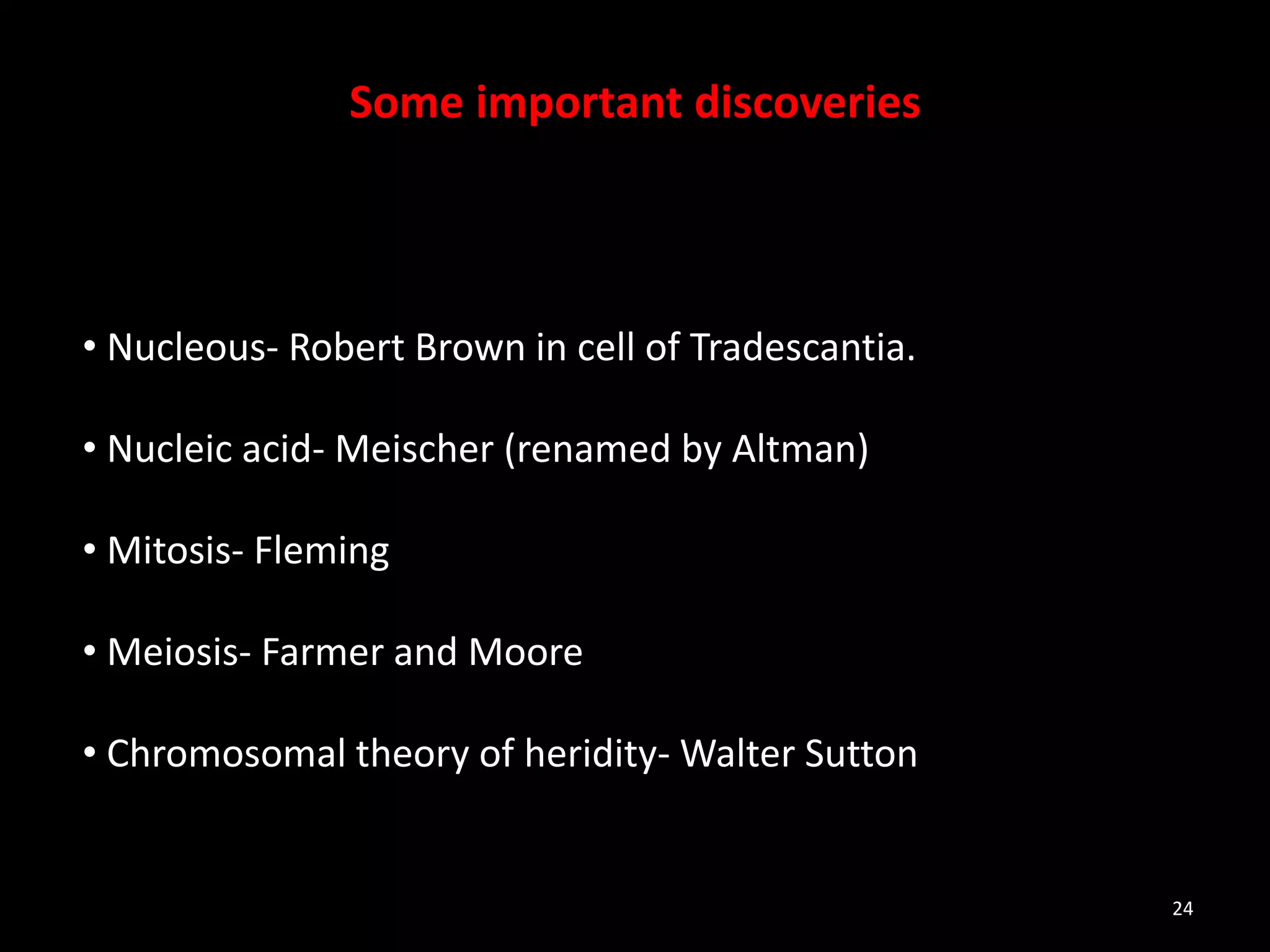 24
Some important discoveries
• Nucleous- Robert Brown in cell of Tradescantia.
• Nucleic acid- Meischer (renamed by Altman)
• Mitosis- Fleming
• Meiosis- Farmer and Moore
• Chromosomal theory of heridity- Walter Sutton
 
