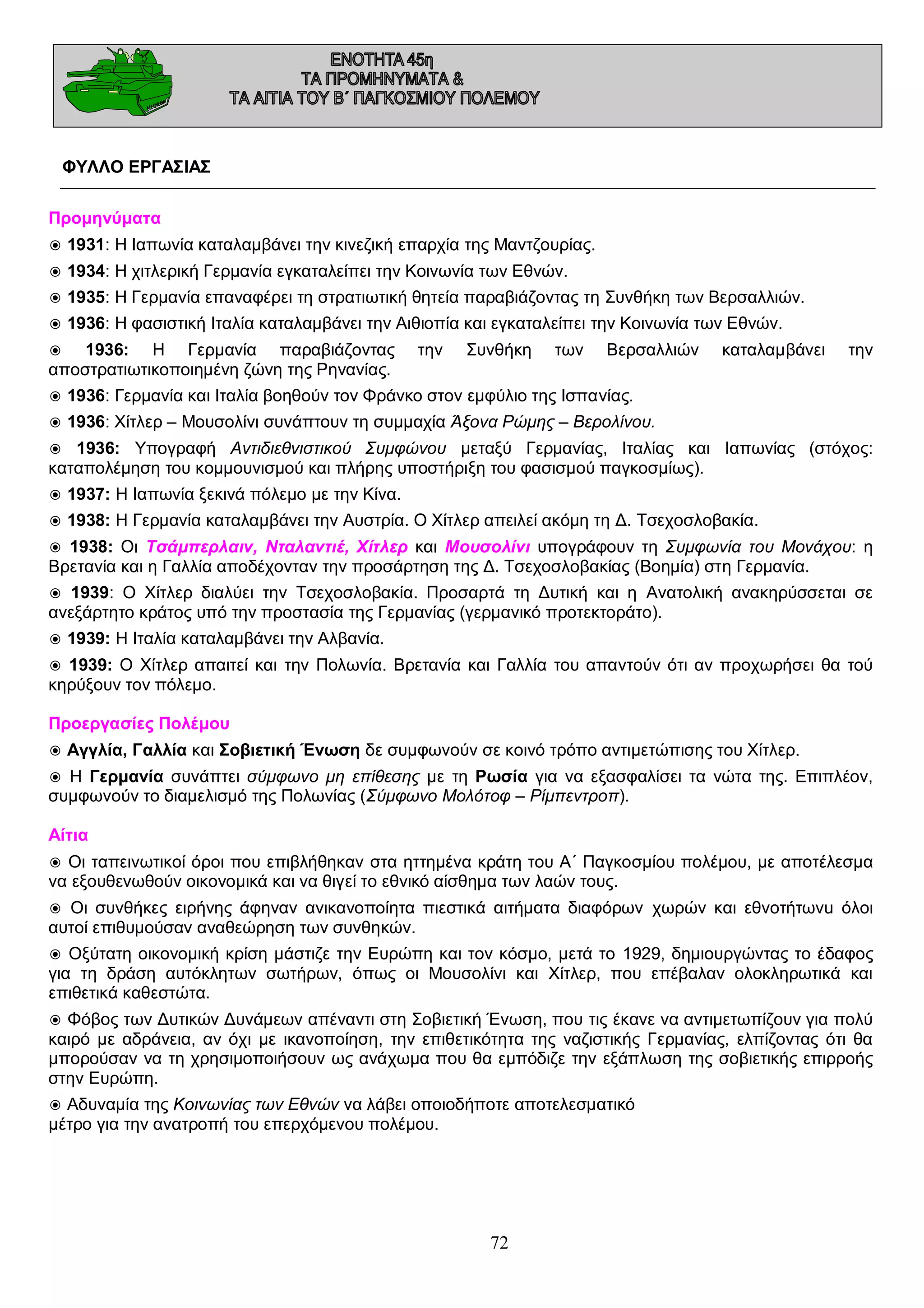 ΦΥΛΛΟ ΕΡΓΑΣΙΑΣ
Προμηνύματα
◉ 1931: Η Ιαπωνία καταλαμβάνει την κινεζική επαρχία της Μαντζουρίας.
◉ 1934: Η χιτλερική Γερμανία εγκαταλείπει την Κοινωνία των Εθνών.
◉ 1935: Η Γερμανία επαναφέρει τη στρατιωτική θητεία παραβιάζοντας τη Συνθήκη των Βερσαλλιών.
◉ 1936: Η φασιστική Ιταλία καταλαμβάνει την Αιθιοπία και εγκαταλείπει την Κοινωνία των Εθνών.
◉ 1936: Η Γερμανία παραβιάζοντας
αποστρατιωτικοποιημένη ζώνη της Ρηνανίας.

την

Συνθήκη

των

Βερσαλλιών

καταλαμβάνει

την

◉ 1936: Γερμανία και Ιταλία βοηθούν τον Φράνκο στον εμφύλιο της Ισπανίας.
◉ 1936: Χίτλερ – Μουσολίνι συνάπτουν τη συμμαχία Άξονα Ρώμης – Βερολίνου.
◉ 1936: Υπογραφή Αντιδιεθνιστικού Συμφώνου μεταξύ Γερμανίας, Ιταλίας και Ιαπωνίας (στόχος:
καταπολέμηση του κομμουνισμού και πλήρης υποστήριξη του φασισμού παγκοσμίως).
◉ 1937: Η Ιαπωνία ξεκινά πόλεμο με την Κίνα.
◉ 1938: Η Γερμανία καταλαμβάνει την Αυστρία. Ο Χίτλερ απειλεί ακόμη τη Δ. Τσεχοσλοβακία.
◉ 1938: Οι Τσάμπερλαιν, Νταλαντιέ, Χίτλερ και Μουσολίνι υπογράφουν τη Συμφωνία του Μονάχου: η
Βρετανία και η Γαλλία αποδέχονταν την προσάρτηση της Δ. Τσεχοσλοβακίας (Βοημία) στη Γερμανία.
◉ 1939: Ο Χίτλερ διαλύει την Τσεχοσλοβακία. Προσαρτά τη Δυτική και η Ανατολική ανακηρύσσεται σε
ανεξάρτητο κράτος υπό την προστασία της Γερμανίας (γερμανικό προτεκτοράτο).
◉ 1939: Η Ιταλία καταλαμβάνει την Αλβανία.
◉ 1939: Ο Χίτλερ απαιτεί και την Πολωνία. Βρετανία και Γαλλία του απαντούν ότι αν προχωρήσει θα τού
κηρύξουν τον πόλεμο.
Προεργασίες Πολέμου
◉ Αγγλία, Γαλλία και Σοβιετική Ένωση δε συμφωνούν σε κοινό τρόπο αντιμετώπισης του Χίτλερ.
◉ Η Γερμανία συνάπτει σύμφωνο μη επίθεσης με τη Ρωσία για να εξασφαλίσει τα νώτα της. Επιπλέον,
συμφωνούν το διαμελισμό της Πολωνίας (Σύμφωνο Μολότοφ – Ρίμπεντροπ).
Αίτια
◉ Οι ταπεινωτικοί όροι που επιβλήθηκαν στα ηττημένα κράτη του Α΄ Παγκοσμίου πολέμου, με αποτέλεσμα
να εξουθενωθούν οικονομικά και να θιγεί το εθνικό αίσθημα των λαών τους.
◉ Οι συνθήκες ειρήνης άφηναν ανικανοποίητα πιεστικά αιτήματα διαφόρων χωρών και εθνοτήτωνu όλοι
αυτοί επιθυμούσαν αναθεώρηση των συνθηκών.
◉ Οξύτατη οικονομική κρίση μάστιζε την Ευρώπη και τον κόσμο, μετά το 1929, δημιουργώντας το έδαφος
για τη δράση αυτόκλητων σωτήρων, όπως οι Μουσολίνι και Χίτλερ, που επέβαλαν ολοκληρωτικά και
επιθετικά καθεστώτα.
◉ Φόβος των Δυτικών Δυνάμεων απέναντι στη Σοβιετική Ένωση, που τις έκανε να αντιμετωπίζουν για πολύ
καιρό με αδράνεια, αν όχι με ικανοποίηση, την επιθετικότητα της ναζιστικής Γερμανίας, ελπίζοντας ότι θα
μπορούσαν να τη χρησιμοποιήσουν ως ανάχωμα που θα εμπόδιζε την εξάπλωση της σοβιετικής επιρροής
στην Ευρώπη.
◉ Αδυναμία της Κοινωνίας των Εθνών να λάβει οποιοδήποτε αποτελεσματικό
μέτρο για την ανατροπή του επερχόμενου πολέμου.

72

 