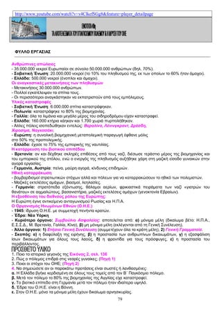 http://www.youtube.com/watch?v=v4ClkefSGg8&feature=player_detailpage

ΦΥΛΛΟ ΕΡΓΑΣΙΑΣ
Ανθρώπινες απώλειες
- 35.000.000 νεκροί Ευρωπαίοι σε σύνολο 50.000.000 ανθρώπων (δηλ. 70%).
- Σοβιετική Ένωση: 20.000.000 νεκροί (το 10% του πληθυσμού της, εκ των οποίων το 60% ήταν άμαχοι).
- Ελλάδα: 500.000 νεκροί (ένοπλοι και άμαχοι).
Οι αναγκαστικές μετακινήσεις των πληθυσμών
- Μετακινήσεις 30.000.000 ανθρώπων.
- Πολλοί εγκατέλειψαν τα σπίτια τους.
- Οι περισσότεροι αναγκάστηκαν να εκπατριστούν από τους εμπόλεμους.
Υλικές καταστροφές
- Σοβιετική Ένωση: 6.000.000 σπίτια καταστράφηκαν.
- Πολωνία: καταστράφηκε το 80% της βιομηχανίας.
- Γαλλία: όλα τα λιμάνια και μεγάλο μέρος του σιδηροδρόμου είχαν καταστραφεί.
- Ελλάδα: 160.000 κτήρια κάηκαν και 1.700 χωριά πυρπολήθηκαν.
- Άλλες πόλεις ισοπεδώθηκαν εντελώς: Βερολίνο, Λένινγκραντ, Δρέσδη,
Χιροσίμα, Ναγκασάκι.
- Ευρώπη: η συνολική βιομηχανική μεταπολεμική παραγωγή έφθανε μόλις
στο 50% της προπολεμικής.
- Ελλάδα: έχασε το 75% της εμπορικής της ναυτιλίας.
Η κατάρρευση του βιοτικού επιπέδου
- Βρετανία: αν και δέχθηκε σκληρές επιθέσεις από τους ναζί, διέσωσε τεράστιο μέρος της βιομηχανίας και
του εμπορικού της στόλου, ενώ ο ενεργός της πληθυσμός αυξήθηκε χάρη στη μαζική είσοδο γυναικών στην
αγορά εργασίας.
- Γερμανία, Αυστρία: πείνα, μαύρη αγορά, κίνδυνος επιδημιών.
Ηθική καταρράκωση
- βομβαρδισμοί στρατιωτικών στόχων αλλά και πόλεων για να καταρρακώσουν το ηθικό των πολεμιστών.
- Μαζικές εκτελέσεις αμάχων, βιασμοί, λεηλασίες.
- Γερμανία: στρατόπεδα εξόντωσης, θάλαμοι αερίων, φρικιαστικά πειράματα των ναζί «γιατρών του
θανάτου» σε αιχμαλώτους, βασανιστήρια, μαζικές εκτελέσεις αμάχων (γενοκτονία Εβραίων).
Η εξασθένιση του διεθνούς ρόλου της Ευρώπης:
Η Ευρώπη έγινε αντικείμενο ανταγωνισμού Ρωσίας και Η.Π.Α.
Ο Οργανισμός Ηνωμένων Εθνών (Ο.Η.Ε.)
- 1945: ίδρυση Ο.Η.Ε. με συμμετοχή πενήντα κρατών.
- Έδρα: Νέα Υόρκη
- Κυριότερο όργανο: Συμβούλιο Ασφαλείας: αποτελείται από: α) μόνιμα μέλη (δικαίωμα βέτο: Η.Π.Α.,
Ε.Σ.Σ.Δ., Μ. Βρετανία, Γαλλία, Κίνα), β) μη μόνιμα μέλη (εκλέγονται από τη Γενική Συνέλευση).
- Άλλα όργανα: 1) Ετήσια Γενική Συνέλευση (συμμετέχουν όλα τα κράτη μέλη), 2) Γενική Γραμματεία.
- Σκοπός: α) η διαφύλαξη της ειρήνης, β) η προστασία των ανθρωπίνων δικαιωμάτων, γ) η εξασφάλιση
ίσων δικαιωμάτων για όλους τους λαούς, δ) η φροντίδα για τους πρόσφυγες, ε) η προστασία του
περιβάλλοντος.
1. Ποιο το ιστορικό γεγονός της Εικόνας 2, σελ. 136
2. Πώς ο πόλεμος επιδρά στις νεαρές γυναίκες; (Πηγή 1)
3. Ποιοι οι στόχοι του ΟΗΕ; (Πηγή 2)
4. Να σημειώσετε αν οι παρακάτω προτάσεις είναι σωστές ή λανθασμένες:
α. Η Ελλάδα βγήκε κερδισμένη σε όλους τους τομείς από τον Β΄ Παγκόσμιο πόλεμο.
β. Μετά τον πόλεμο το 80% της βιομηχανίας της Αγγλίας είχε καταστραφεί.
γ. Το βιοτικό επίπεδο στη Γερμανία μετά τον πόλεμο ήταν ιδιαίτερα υψηλό.
δ. Έδρα του Ο.Η.Ε. είναι η Βόννη.
ε. Στον Ο.Η.Ε. μόνο τα μόνιμα μέλη έχουν δικαίωμα αρνησικυρίας.

79

 