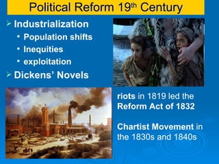 Political Reform 19 th  Century Industrialization Population shifts Inequities exploitation Dickens’ Novels  riots  in 1819 led the  Reform Act of 1832 Chartist Movement  in the 1830s and 1840s 